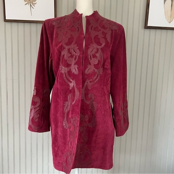 Pamela McCoy Suede Leather Cranberry Red Floral Patchwork Long Jacket - Picture 1 of 10